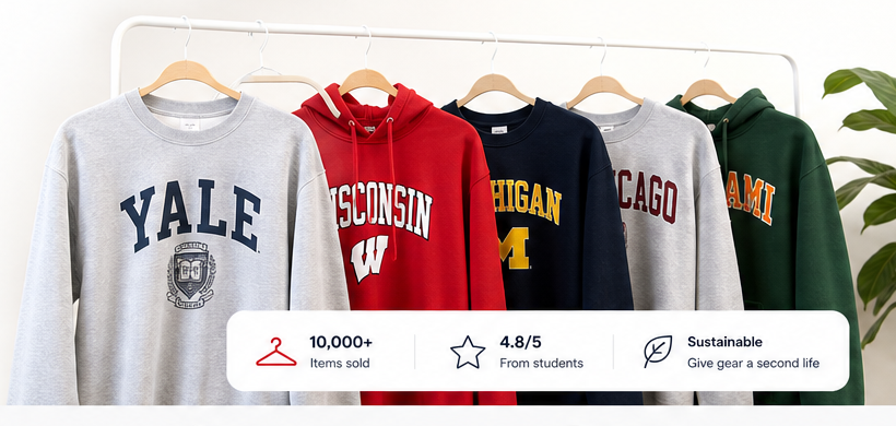 College apparel hanging on a rack